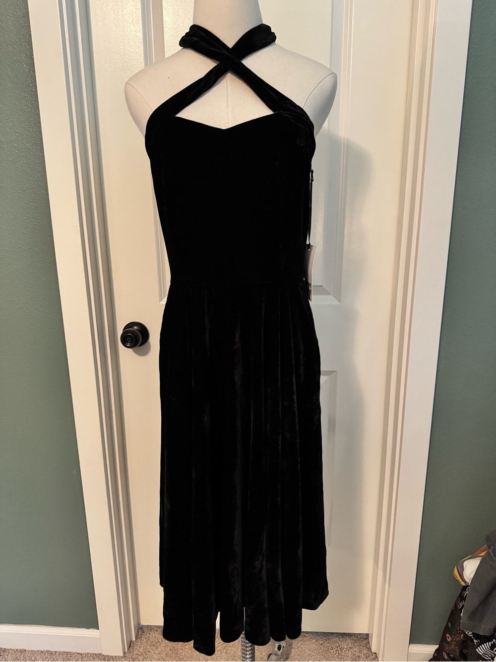 Unique Vintage Black Velvet Cross-Halter Midi Dress